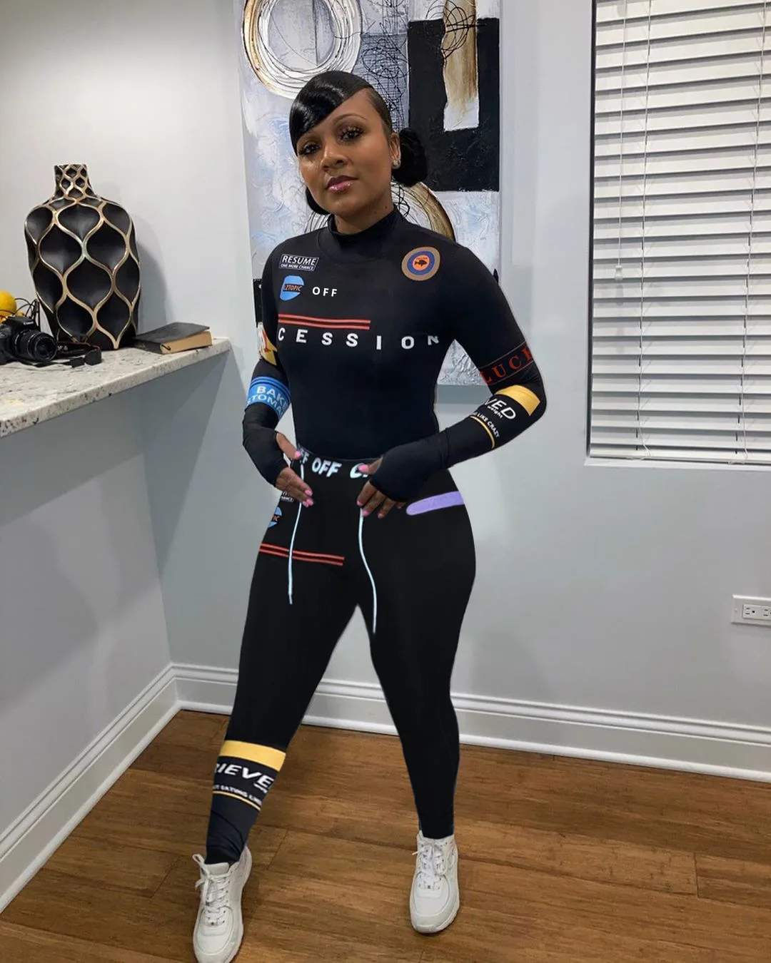 

Women Sport Two Piece Set Casual Letter print Long Sleeve Crop Tops Tee Bikers Pants Suit Outfit Joggers Tracksuit Matching Set