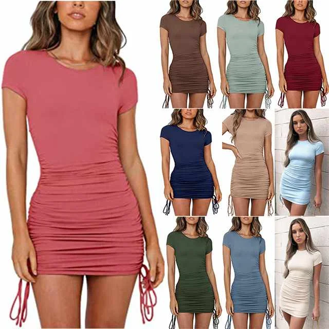 

2021 New Round Neck Ribbed Short Sleeve Drawstring Bodycon Dress, Picture showed