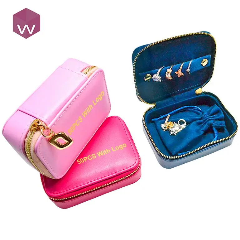 

Custom Earring Ring Jewellery Storage Case Logo Luxury Travel Leather Jewelry Box, Blue/pink/red