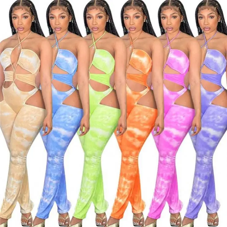 

MISSMOEN Wholesale Tie Dye Halter Backless Ladies Long Straight Pant Jumpsuit Women Sexy Hollow Out Bandage Bodycon Jumpsuits