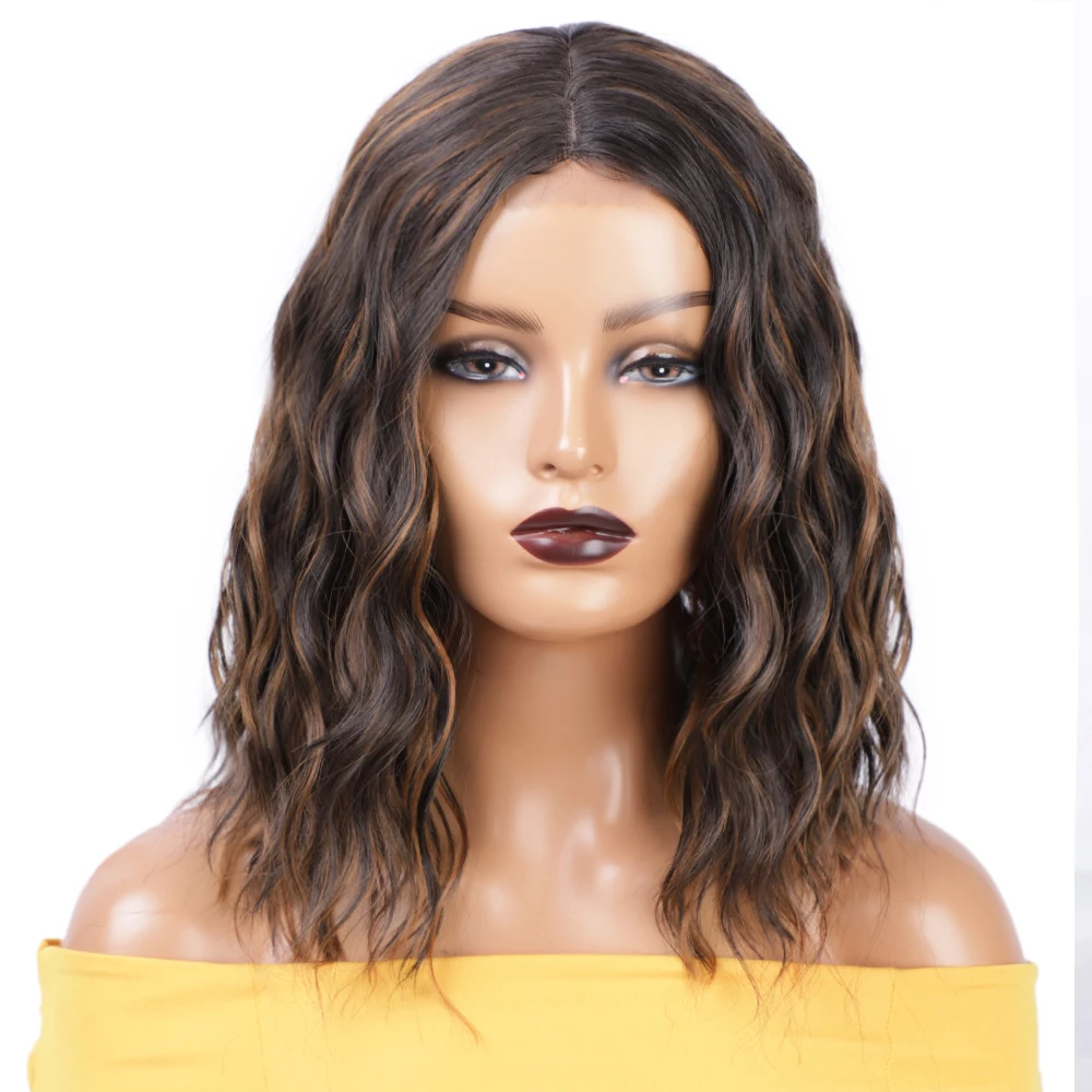 

High Quality For Black Women Highlight Brown Short Cheap Water Wave Wholesale Heat Resistant Synthetic Lace Front Wig