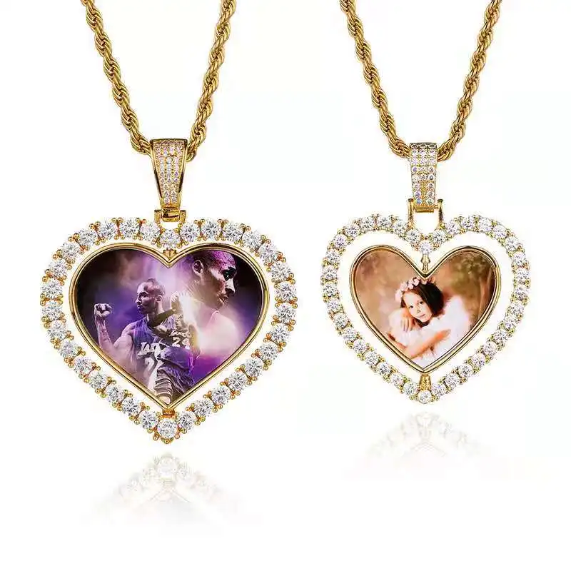 

Wholesale Fashion Shiny Reversible Love Heart Photo Pendant Custom Zircon Solid Memory Photo DIY Necklace, Customized color