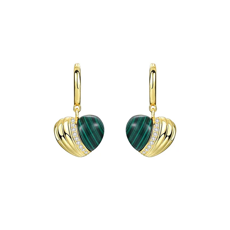 

Light Luxury Mother's Day Gifts 925 Silver Gold Plated Green Malachite Zircon Love Heart Charm Drop Earrings for Women Hoops