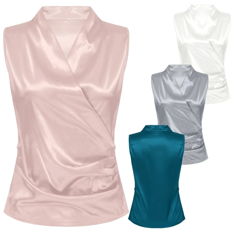 

Hot Sale Ladies Office Ruched Satin Shirt Tank Top Women V Neck Sleeveless Blouse Tops