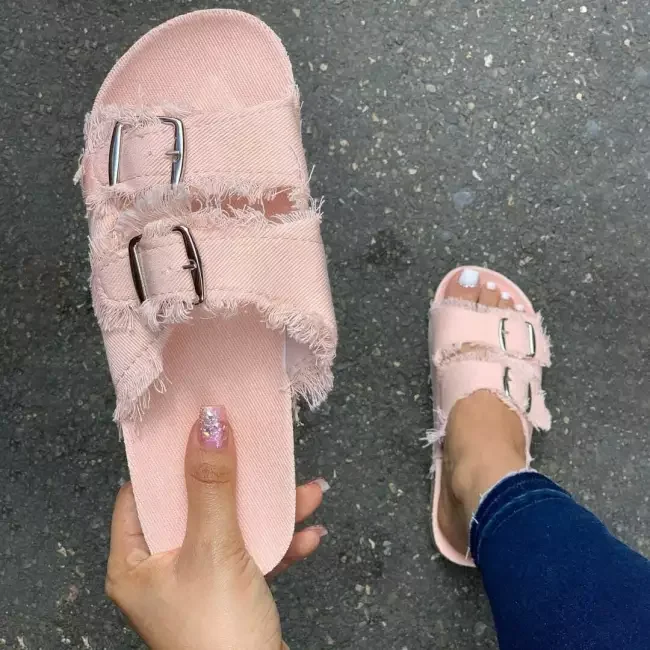 

Drop Shipping Jean Slippers for Women Denim Tassel Cork Sole Sandals Summer Sandals Slippers Ladies Shoes Slippers Slides