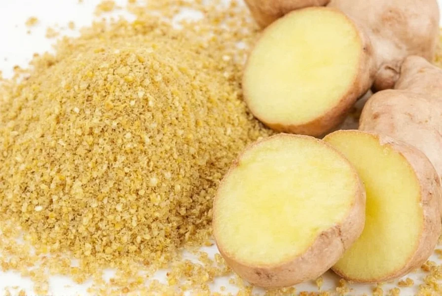 Close-up of ground ginger powder in a spice jar next to fresh ginger root showing texture difference