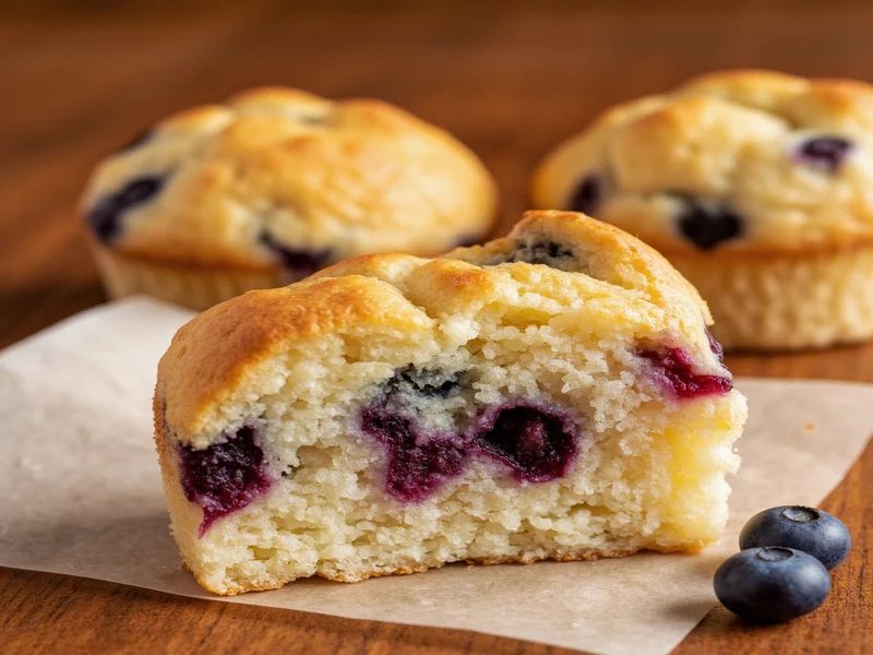 Cross-section of golden homemade muffin with blueberries