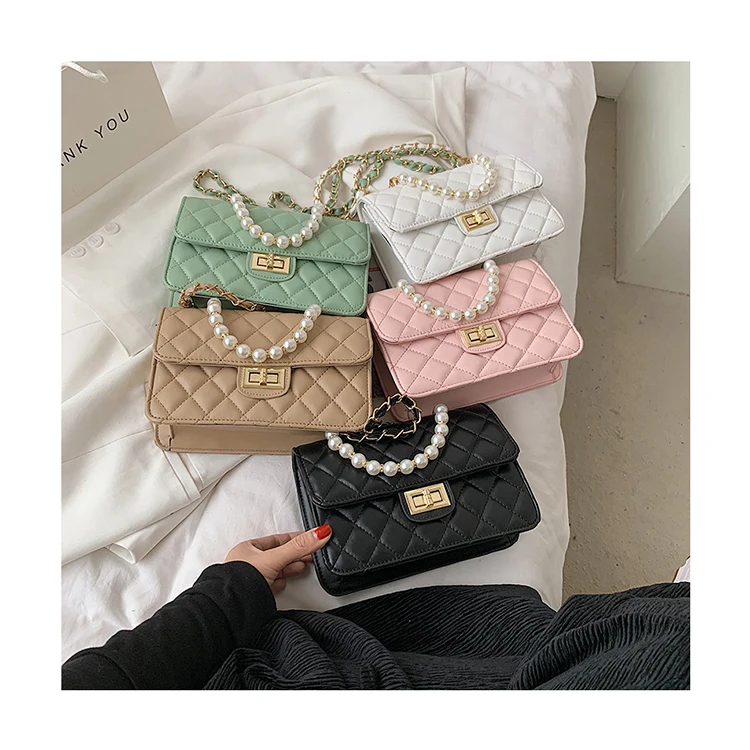 

Luxury Beaded Pearl Handbags Stylish Quilted Chain Crossbody Bags Women Diamond Lattice Shoulder Bags Embroidery Thread Bolsa