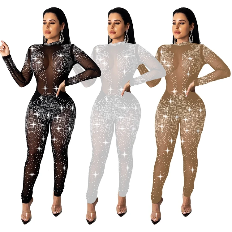 

Good quality fall autumn romper long sleeve bodysuit fashion women rhinestone mesh jumpsuit wholesale