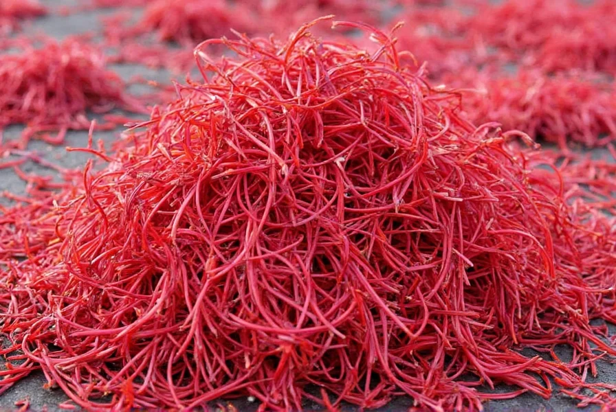 Dried saffron threads on white background with harvesting tools