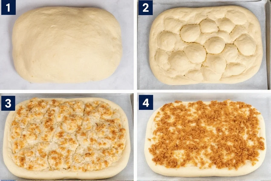 Step-by-step process of making cinnamon sugar focaccia showing dough preparation, dimpling, and topping application