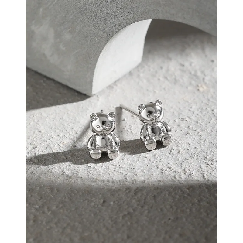 WMEB119 Solid S925 Sterling Silver Teddy Bear Post Earrings Daity Animal Jewelry Kawaii Earrings