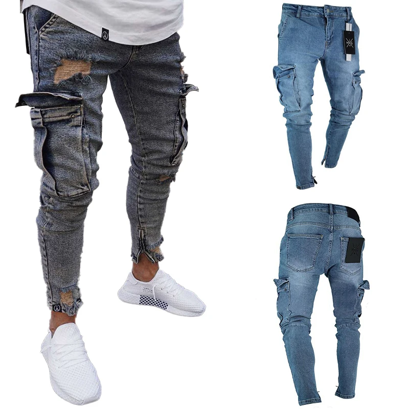 

Wholesale summer mans fashion casual pockets slim fit trousers men's washed skinny ripped denim jeans pants for men clothing, Light blue,retro blue
