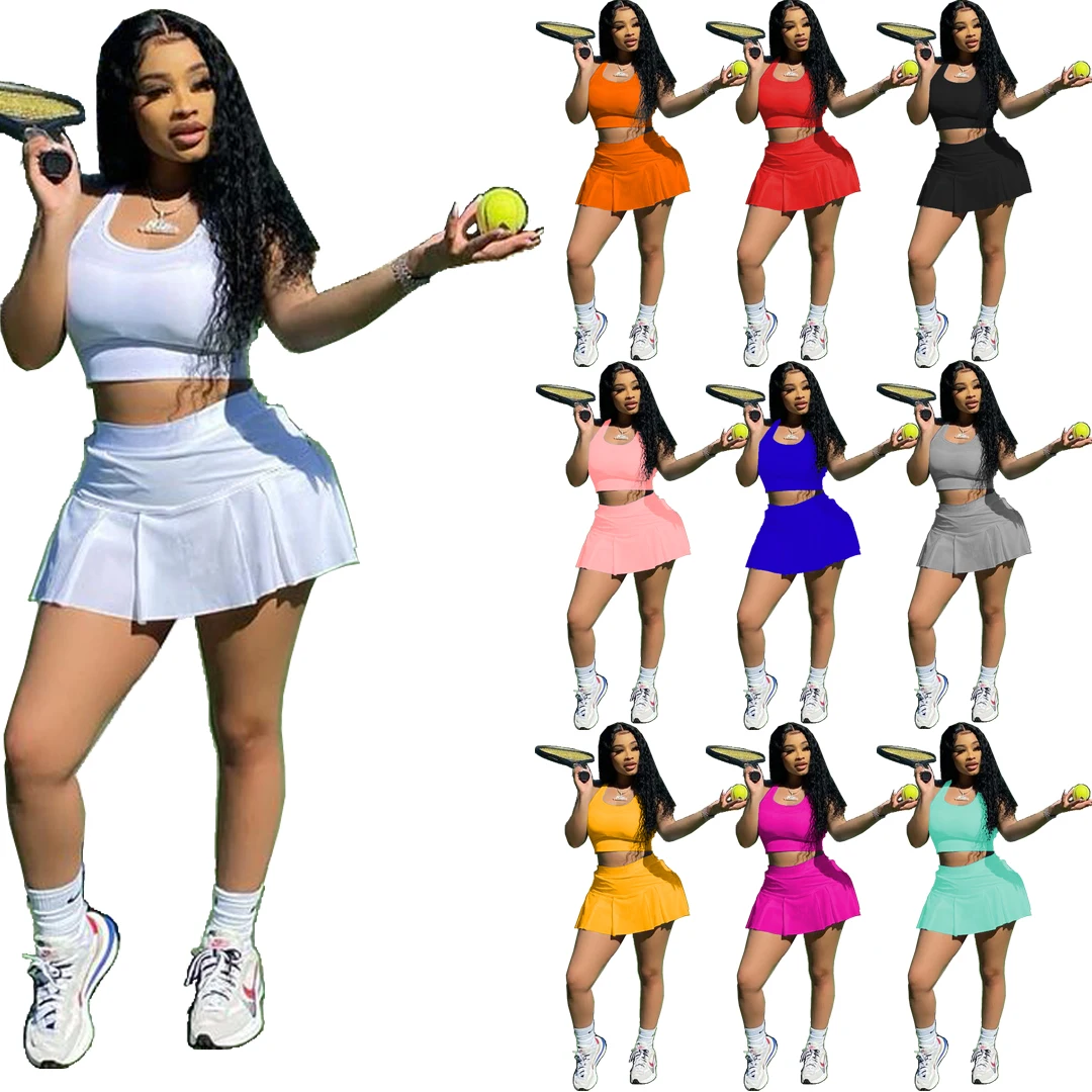

Womens fashion casual sexy solid night club style slim tennis sports vest skirt short skirt customized wholesale two sets