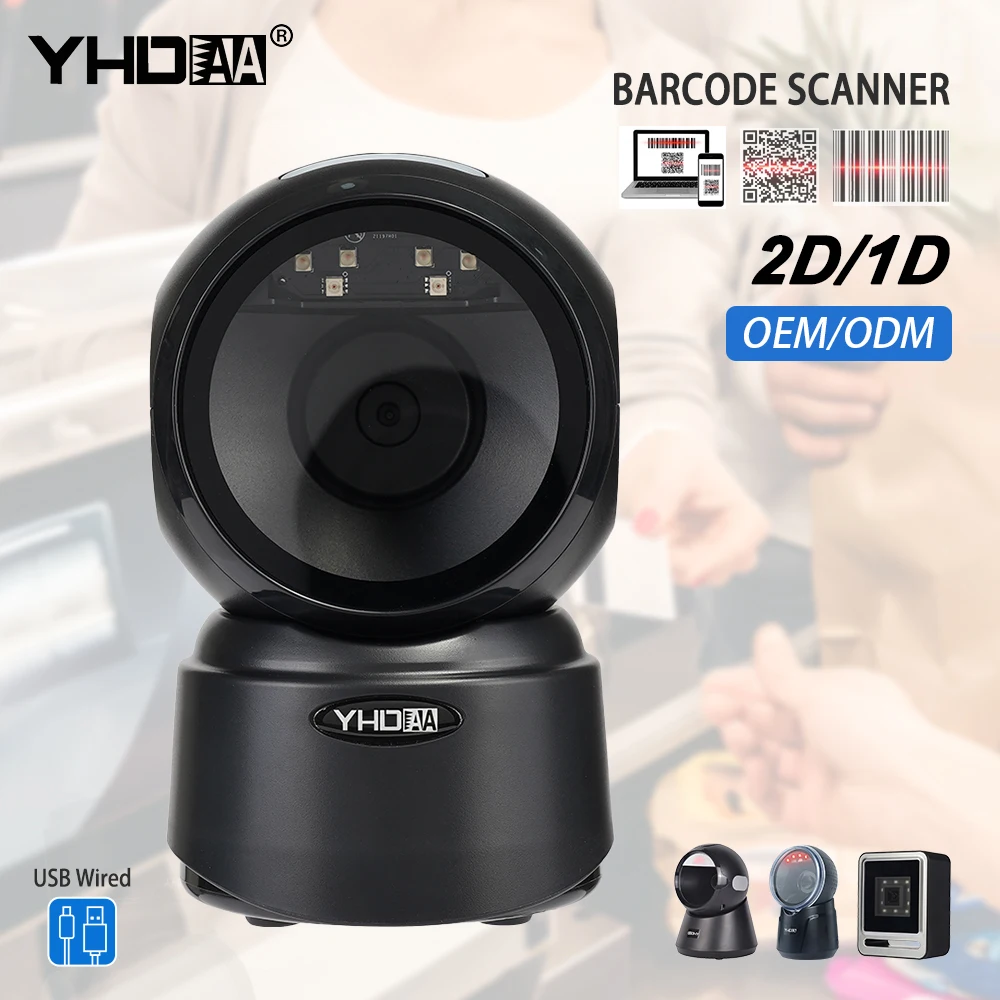 

2D QR Barcode Scanner YHD-9300D Omnidirectional Hands-Free Automatic Bar code Reader for Mobile Payment Computer Screen Scan