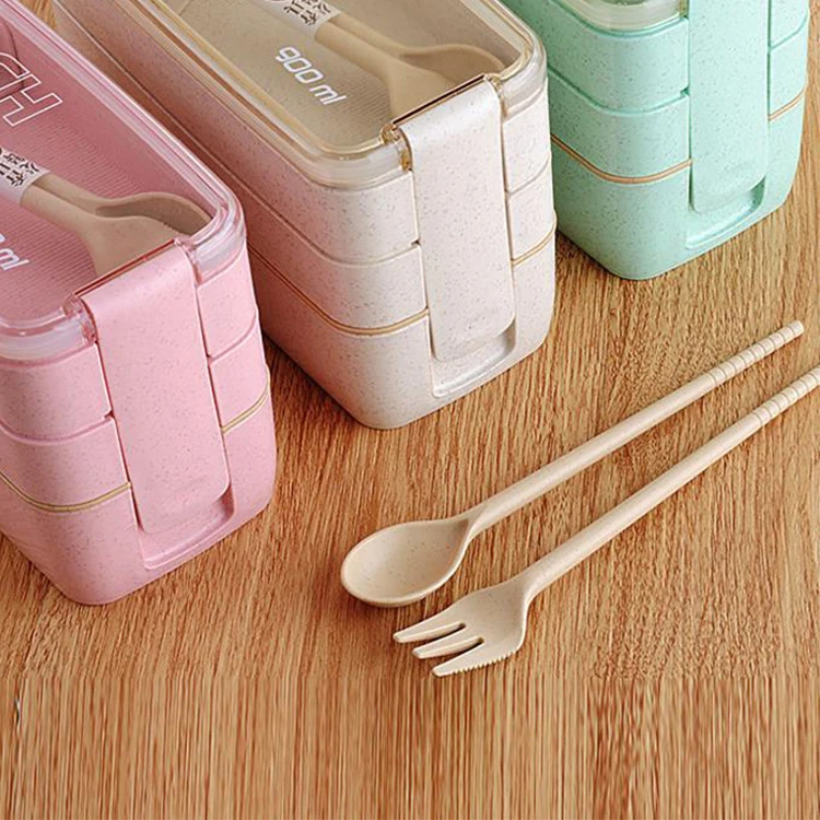 

Hot Sell 100% Food Grade Material Wheat Straw Leak Proof 3 Layer Japanese Food Container Lunch Box with spoon and fork