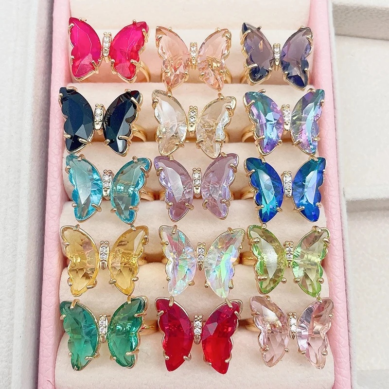 

2021 Shiny Gradient Candy Color Crystal Glass Butterfly Open Rings Women Girls Adjustable Ring Korean Delicate Fashion Jewelry