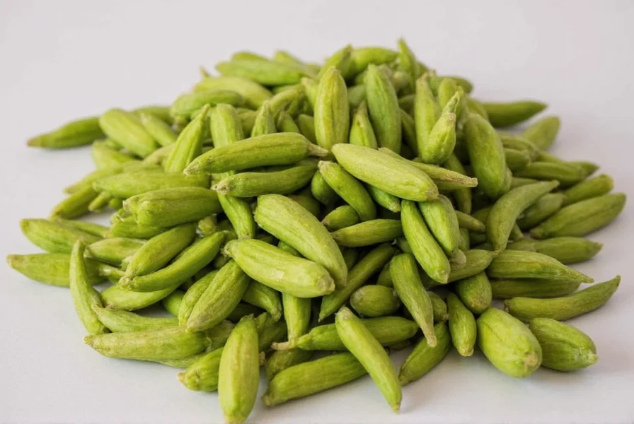 Cardamom pods displayed in traditional Indian spice market with measuring spoons and mortar and pestle