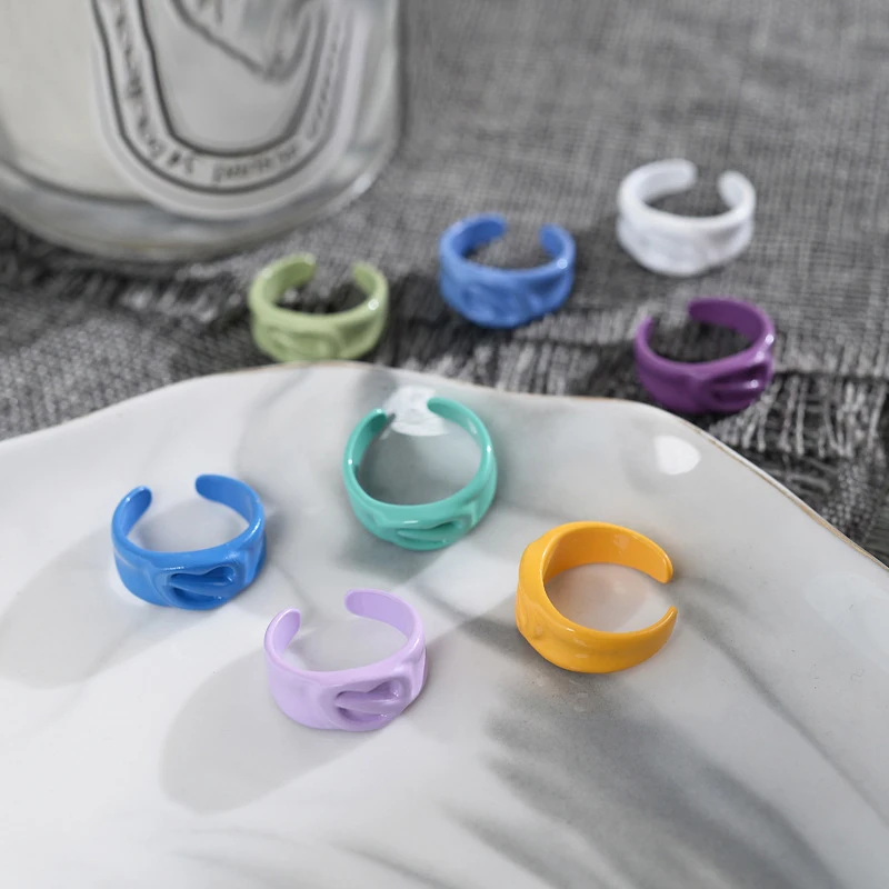 

Best Selling Korean Ins Niche Macaron Color Hollowed Out Love Irregular Adjustable Dripping Oil Candy Color Resin Finger Ring, Picture shows