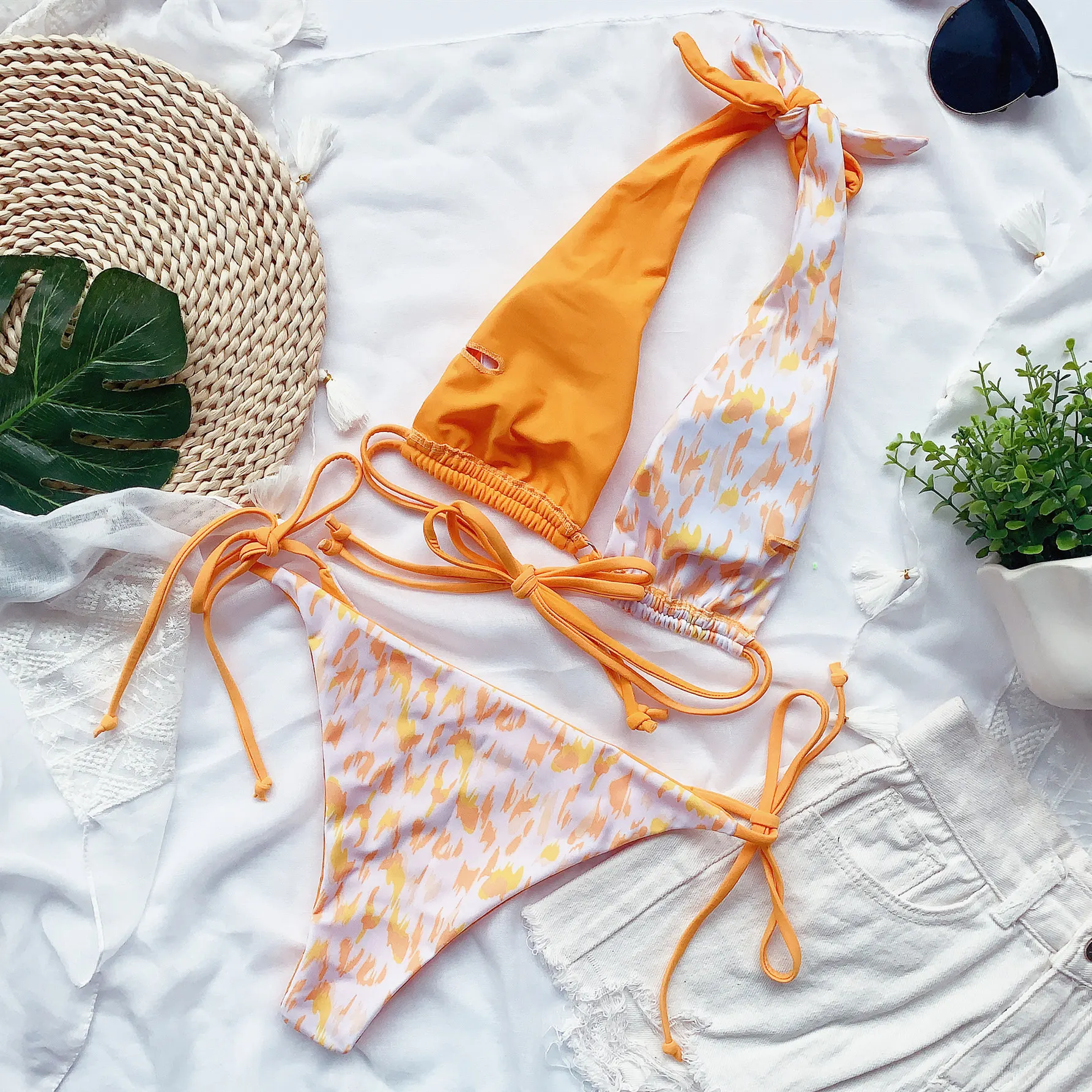 女装泳装女泳衣两件套比基尼套装打结露背沐浴泳衣游泳4色拼接印花