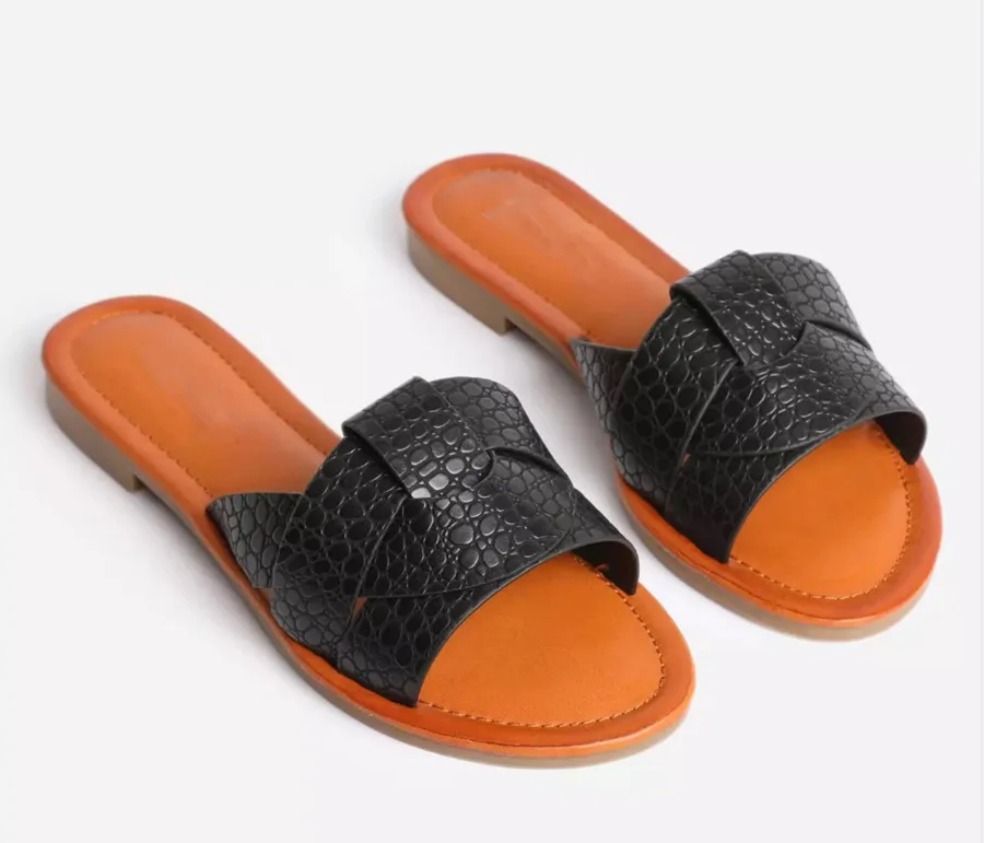 

JANHE 2021 New Arrivals Crocodile Pu Leather Rubber Outdoor Flats Roman Shoes Casual Summer Sandals Slides, 2 colours