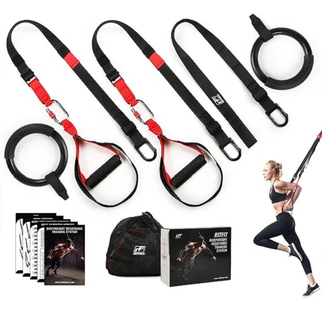 

Wellshow Sport Bodyweight Suspension Trainer System Kit With Gymnastic Ring Home Body Workout, Black,red