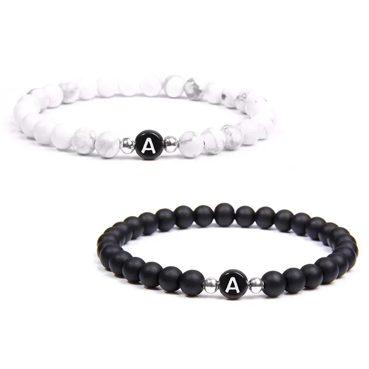 

SC Black White Matching Friendship Letter Bracelet Jewelry 6mm Natural White Stone A-Z Alphabet Couple Beaded Bracelet Women