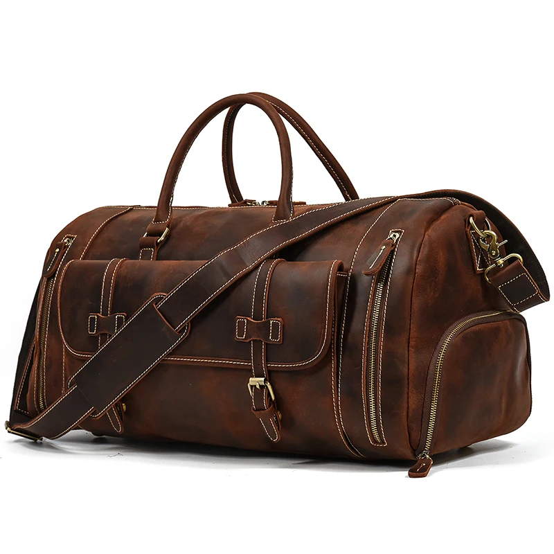 

Men Leather Travel Bag With Shoe Compartment 58cm Large Overnight Holdall Top Grain Genuine Duffel Big Travelling Duffle