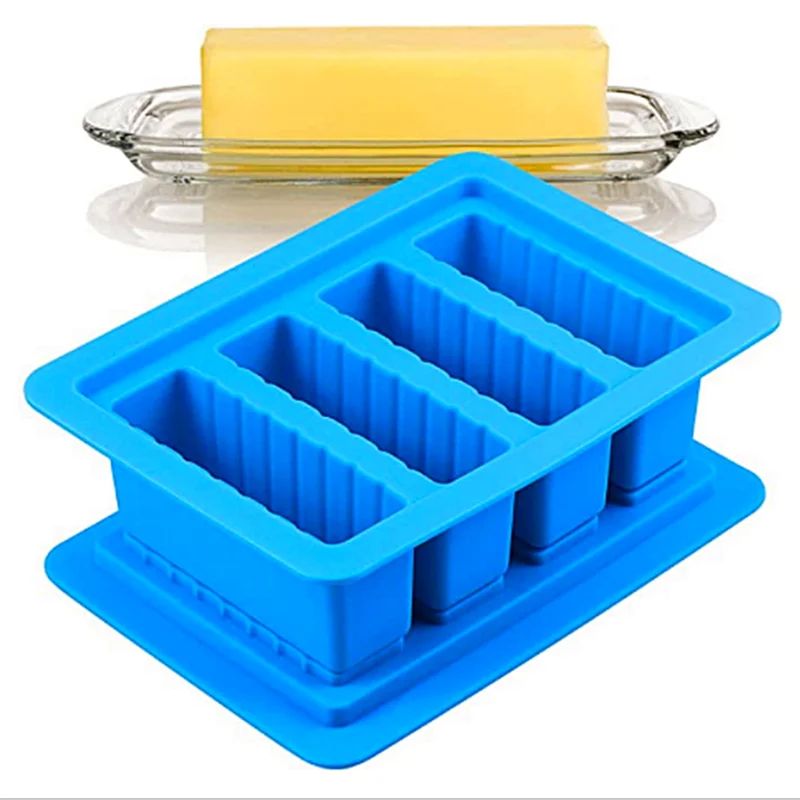 

Silicone Butter Mold Tray with Lid Large 4 Cavities Silicone butter mold or chocolate,Pudding ice and Jello Cheese cake, Blue