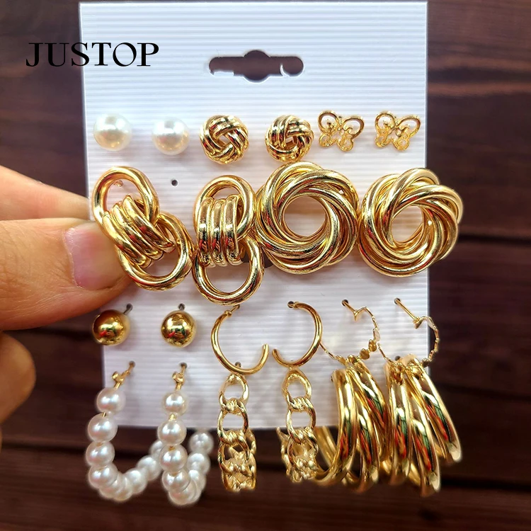 

Fashion Geometric Hoop Earrings 2 Pieces 18 Piece Set Women Personality Vintage Punk Gold Metal Earrings Trend Jewelry
