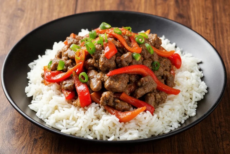 Colorful plate of pepper beef stir fry served over steamed rice with garnished green onions