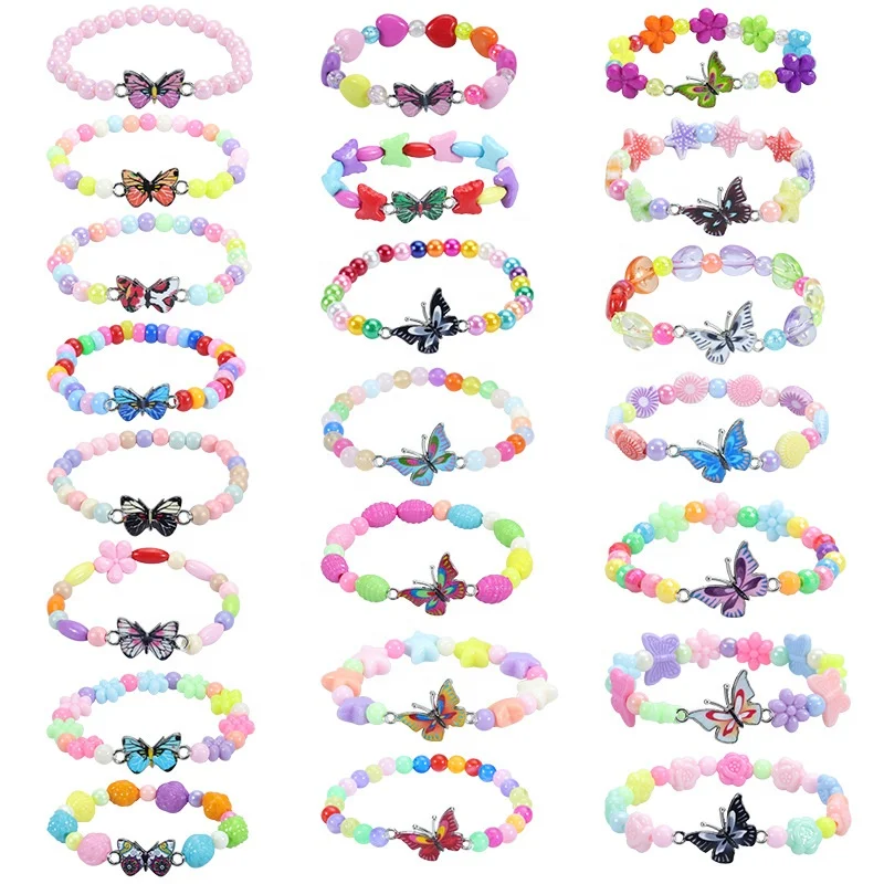 

DIY Handmade Colorful Acrylic Beaded Children's Bracelet Cute Girl Colorful Butterfly Heart Elastic Bracelet For Birthday Gift