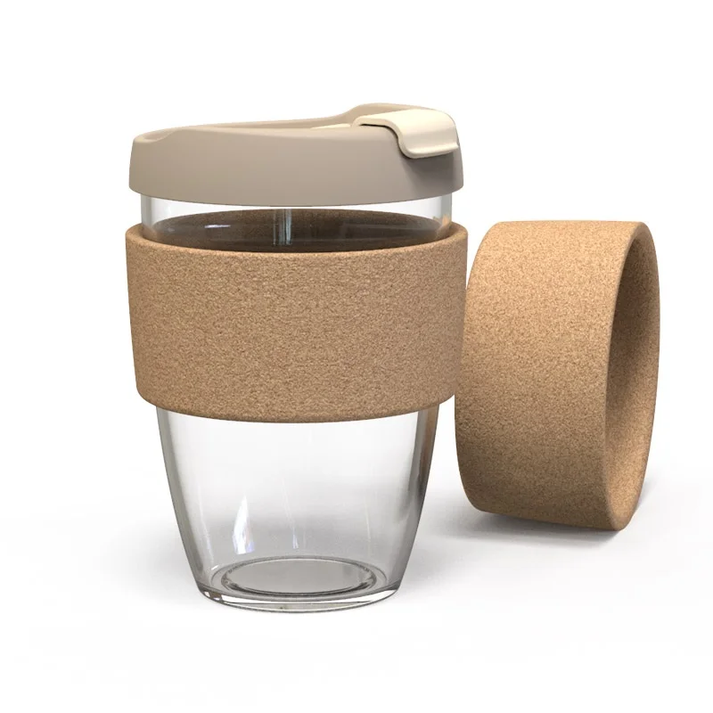 

12 oz 350ml Reusable Glass Travel Mug Eco-Friendly Coffee Glass Cup with Cork Band Portable Coffee Cup with Lid