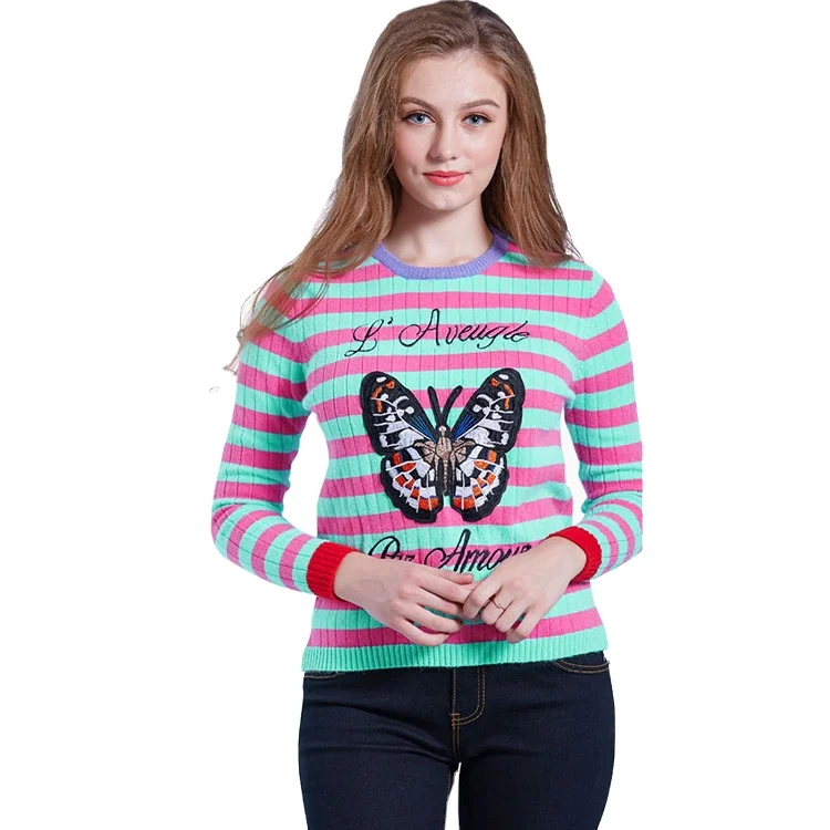 

2021Customized OEM Knitwear Ladies Girls Butterfly Patchwork Knit Pullover Sweater