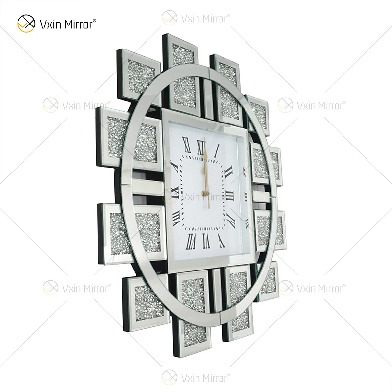 Wholesale Wxmc082 Mirrored Clock Crushed Diamond Silver Wall Decor