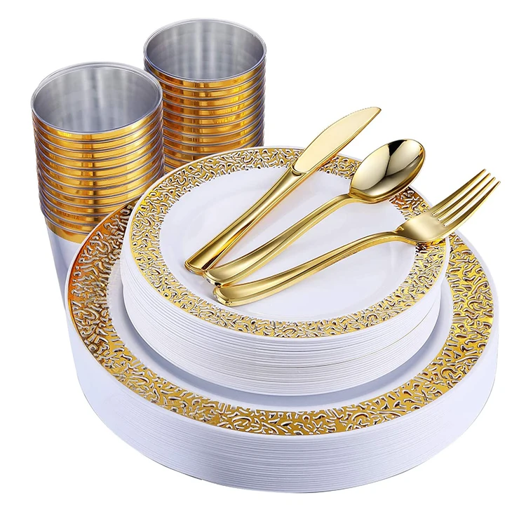 

Christmas 150 Piece luxury dinning plates set gold color fancy disposable dinnerware set gold