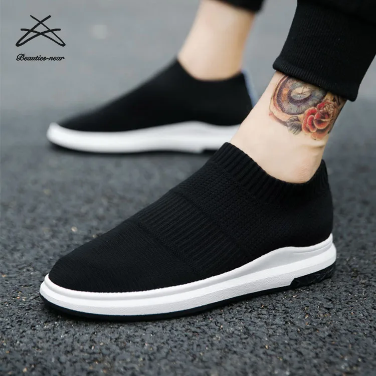 

RTS Men fashion new casual sneaker breathable solid sporting slip on flat fly knit men shoes, Black, red,grey