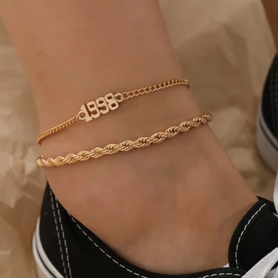 

2Pcs Set 18K Gold Plated Link Chain Arabic Number Anklet Gold Filled Number Year Twisted Chain Anklet Set