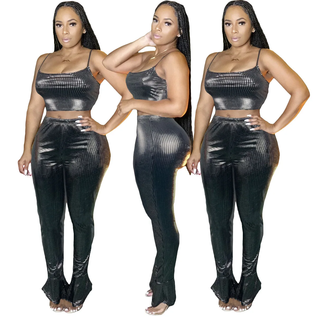 

High quality fashion sexy women's ice silk bronzing flared pants vest suit, 1 colors