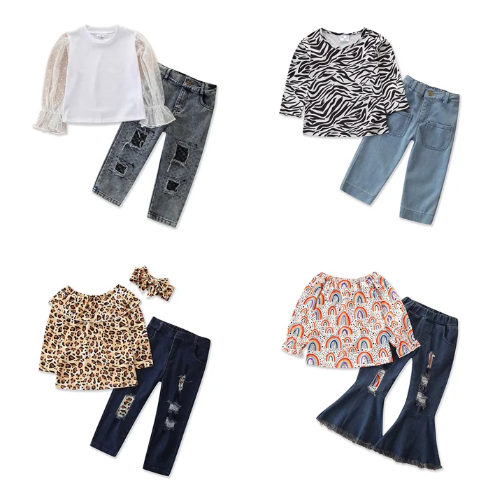 

Children 2021 Summer Spring round collar long sleeve leopard rainbow printing denim bell bottoms pants kids clothing for girls, As pic shows, we can according to your request also