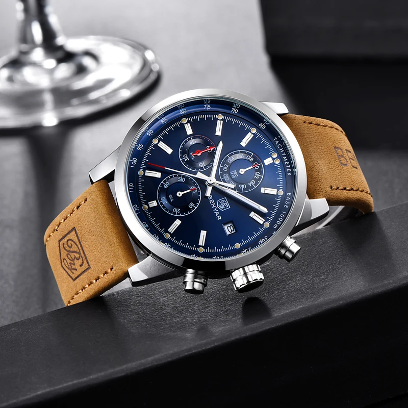 

BENYAR 5102 NEW Fashion Men Quartz Watch Top Luxury Brand Leather Chronograph Wrist Watch Military Sport Clock Relogio Masculino, Shown