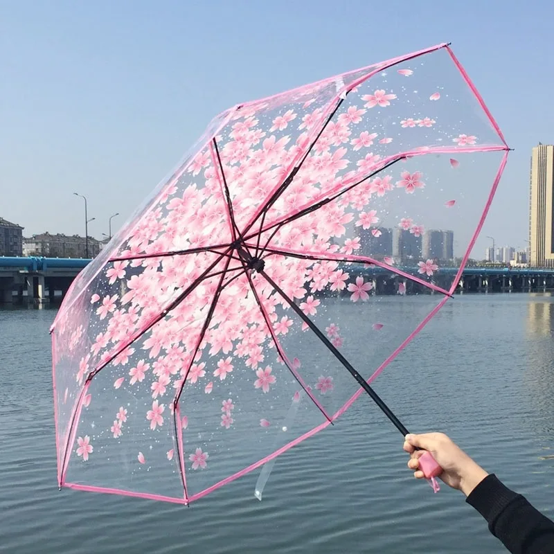 

Wholesale sakura pattern transparent windproof rainproof sunshade umbrella cheap rain clear umbrella UV flower nice umbrella