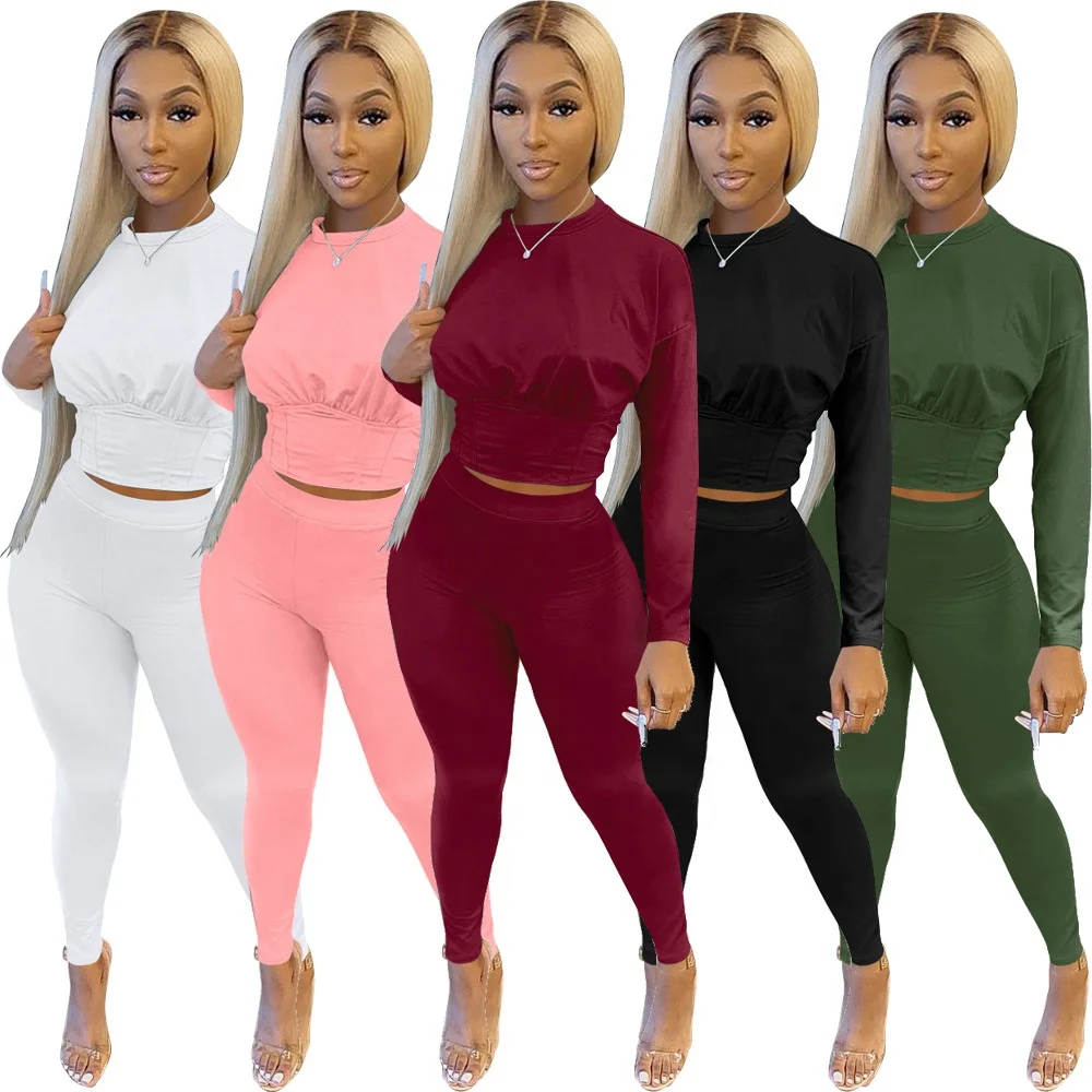 

QC-H0119 Autumn long sleeve crop tops two pieces women pant sets for fall