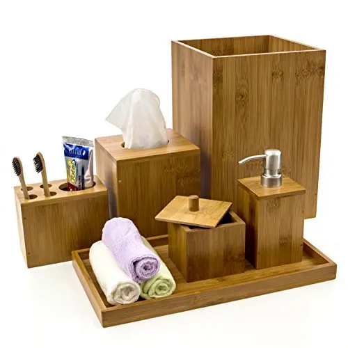 

Luxury restaurant hotel supplies kids badkamer badezimmer set 6pcs bamboo bathroom accessories vanity set, Natural