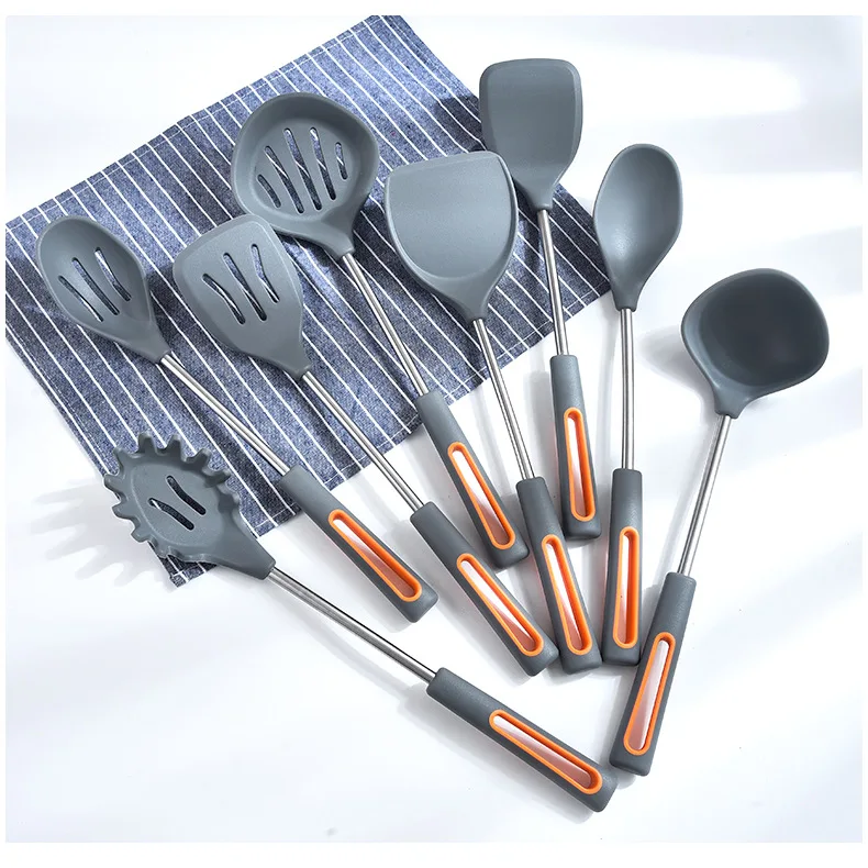 

Hot sale Solid wood handle NOT hurt the pot environmental protection 8pcs silicone kitchen utensil set, Grey, black