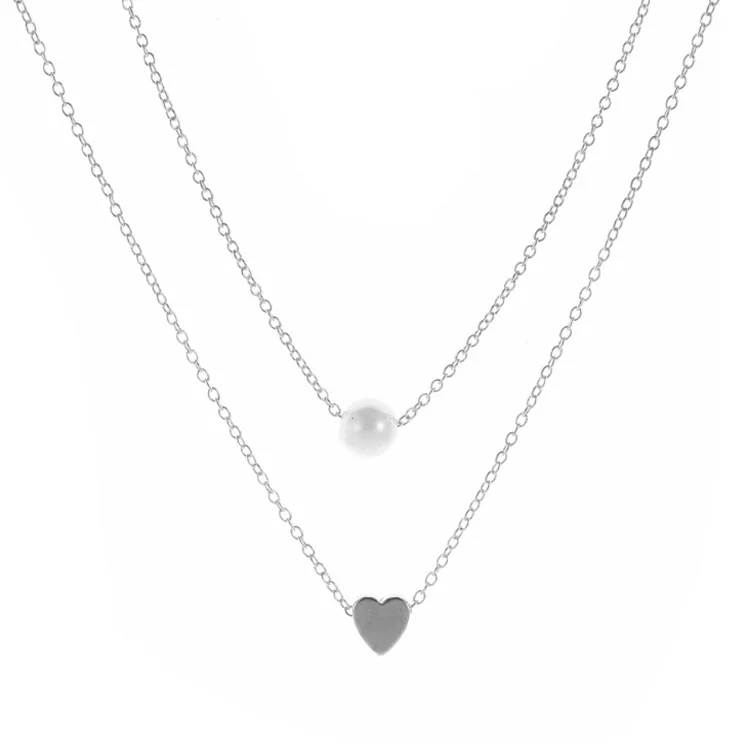 

Beautiful Double 925 Silver Beads Pearl Heart Charm Necklace S925 Mini Heart Pendants Double Clavicle Chain Necklace, Picture shows