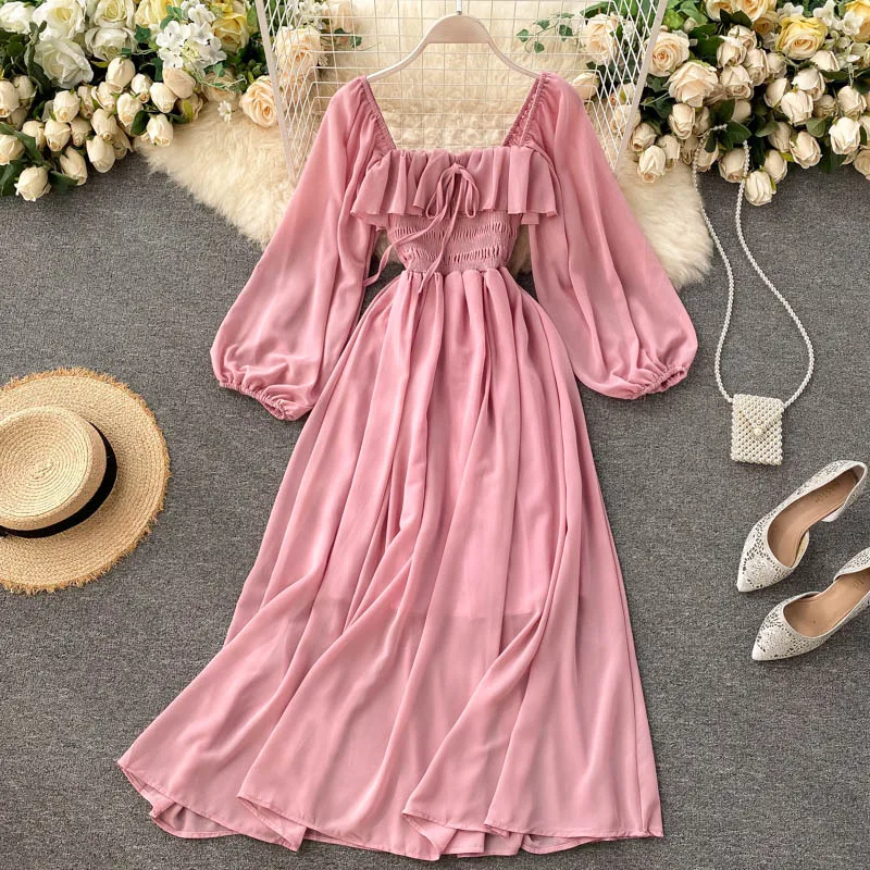

Clothing Women 2021 Latest Dress Design Female French Vintage Square Collar Western Style Puff Sleeve Elegant Dresses, White