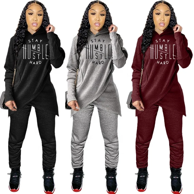 

Plush Lining Asymmetric Womens Two Piece Hoodie And Pants Set