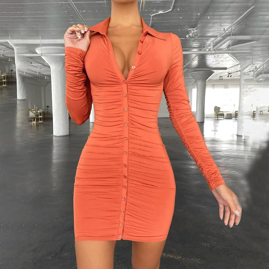 

K21D03880 Woman Dresses New Arrivals 2021 Pleated Long Sleeve Shirt Dress Ladies Office Street Bodycon Women Dress