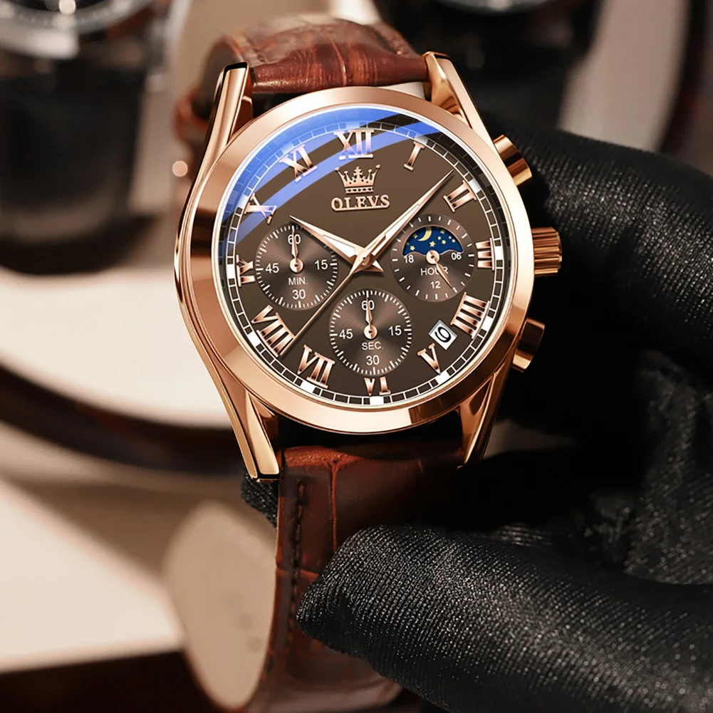 

OLEVS 2871Custom Charm Luxury Fashion Men's Chronograph Waterproof Case Leather Strap Date Luminous Hands Analog Quartz Watches